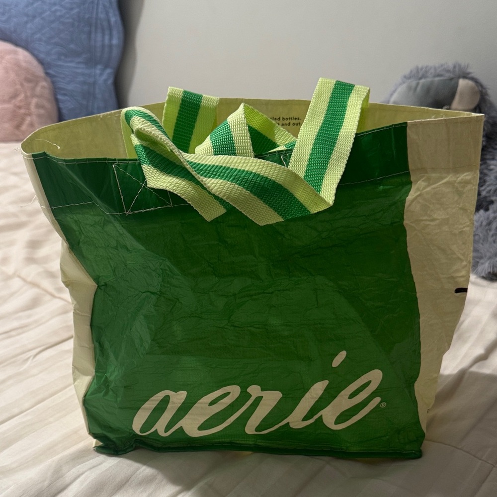 Aerie Green and Cream Tote with Striped Handles